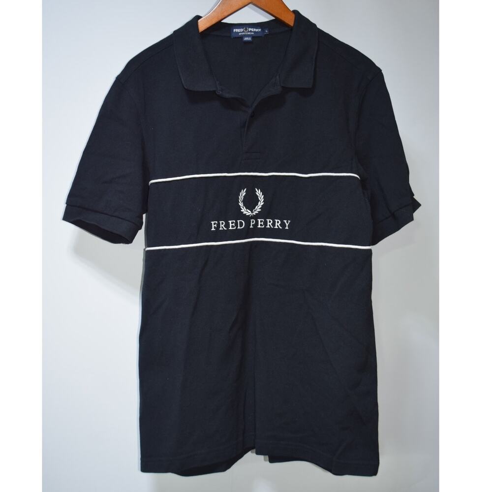 Fred Perry Sportswear Logo Stripe Polo Shirt Black White Cotton Men's Large